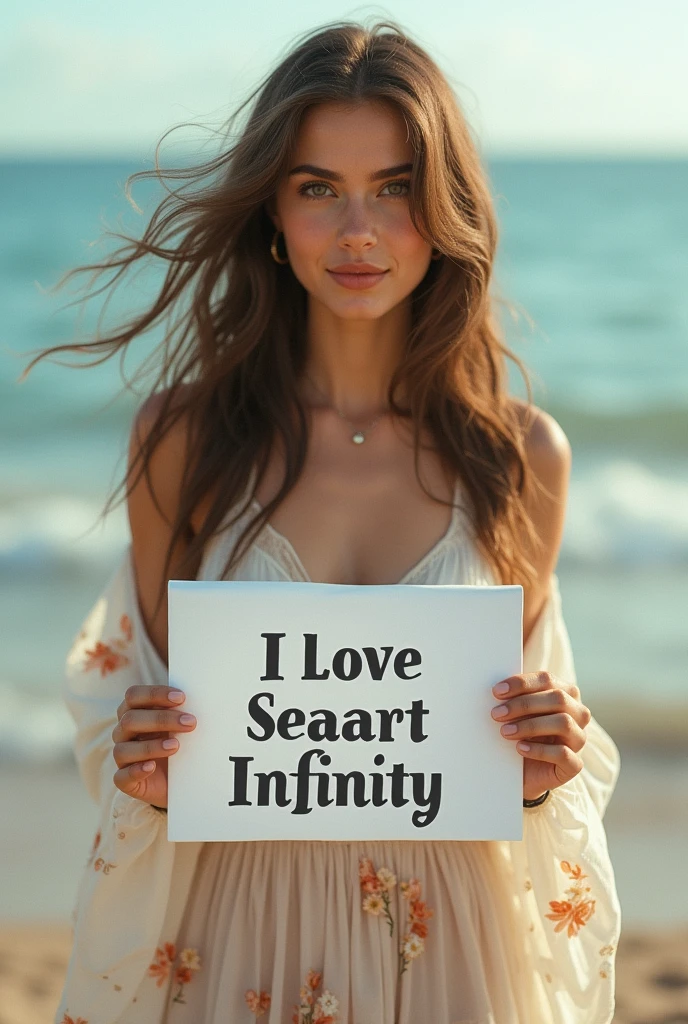 Beautiful girl with wavy long hair, bohemian dress, holding a white board with text "I Love Seaart Infinity" and showing it to the viewer