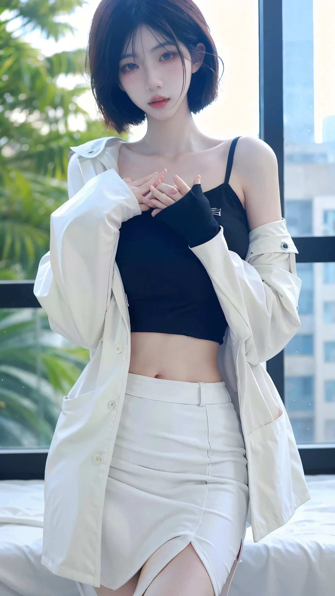 Beautiful woman with perfect figure:1.4，snow，Touching butt with both hands，snow背景，Layered Hairstyle，White skin，Prominent cleavage，Pleated Skirt，whole body，Very delicate face and skin texture，Double eyelids，Skin Whitening，Long white hair