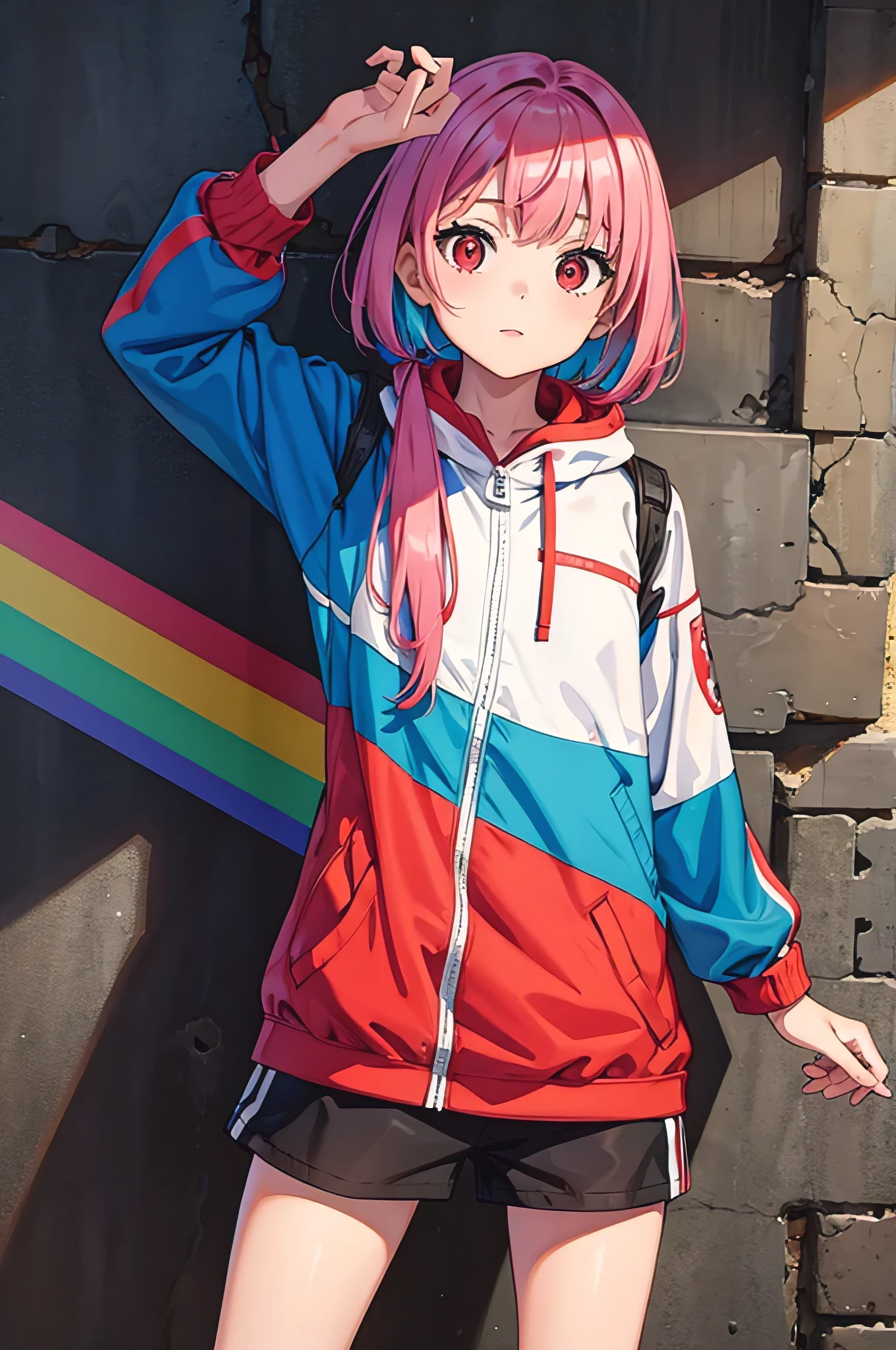a female , where she is dressed in adventure clothes. And has rainbow hair and red eyes