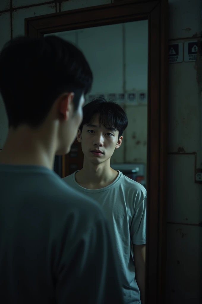 A 22-year-old man taking a photo in front of the mirror with small features in casual clothes in a low-quality dark room