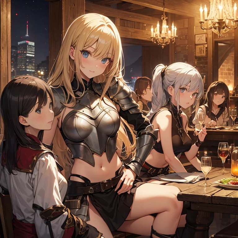 A group of  female medieval fantasy adventurers, (in tavern), various hair styles, harem, night, details face, short skirt, seducing, sleeveless, armor, midriff 