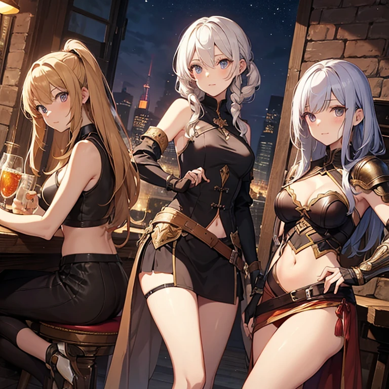 A group of female medieval fantasy adventurers, (in tavern), various hair styles, harem, night, details face, short skirt, seducing, sleeveless, armor, midriff