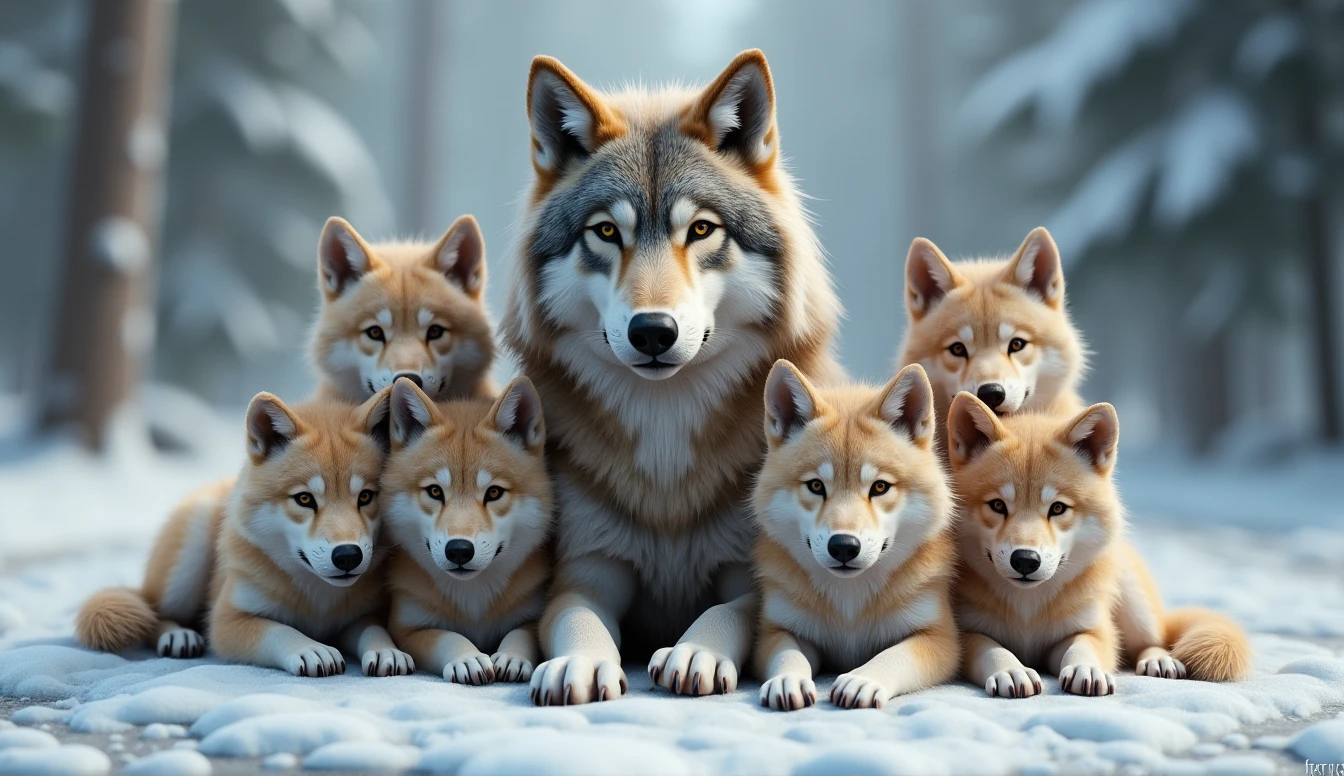 Create a hyper-realistic, photorealistic image of a stunning wolf family. The family includes a majestic father wolf, a graceful mother wolf, and five wolf pups of various ages. Each wolf displays unique colors and fur patterns, showcasing a rich diversity of hues and textures. They are all calmly gazing at the viewer, embodying a sense of tranquility and strength. The background features a softly blurred snowy forest, adding depth and a serene atmosphere. The wolves' fur is remarkably beautiful, capturing their natural elegance and power.