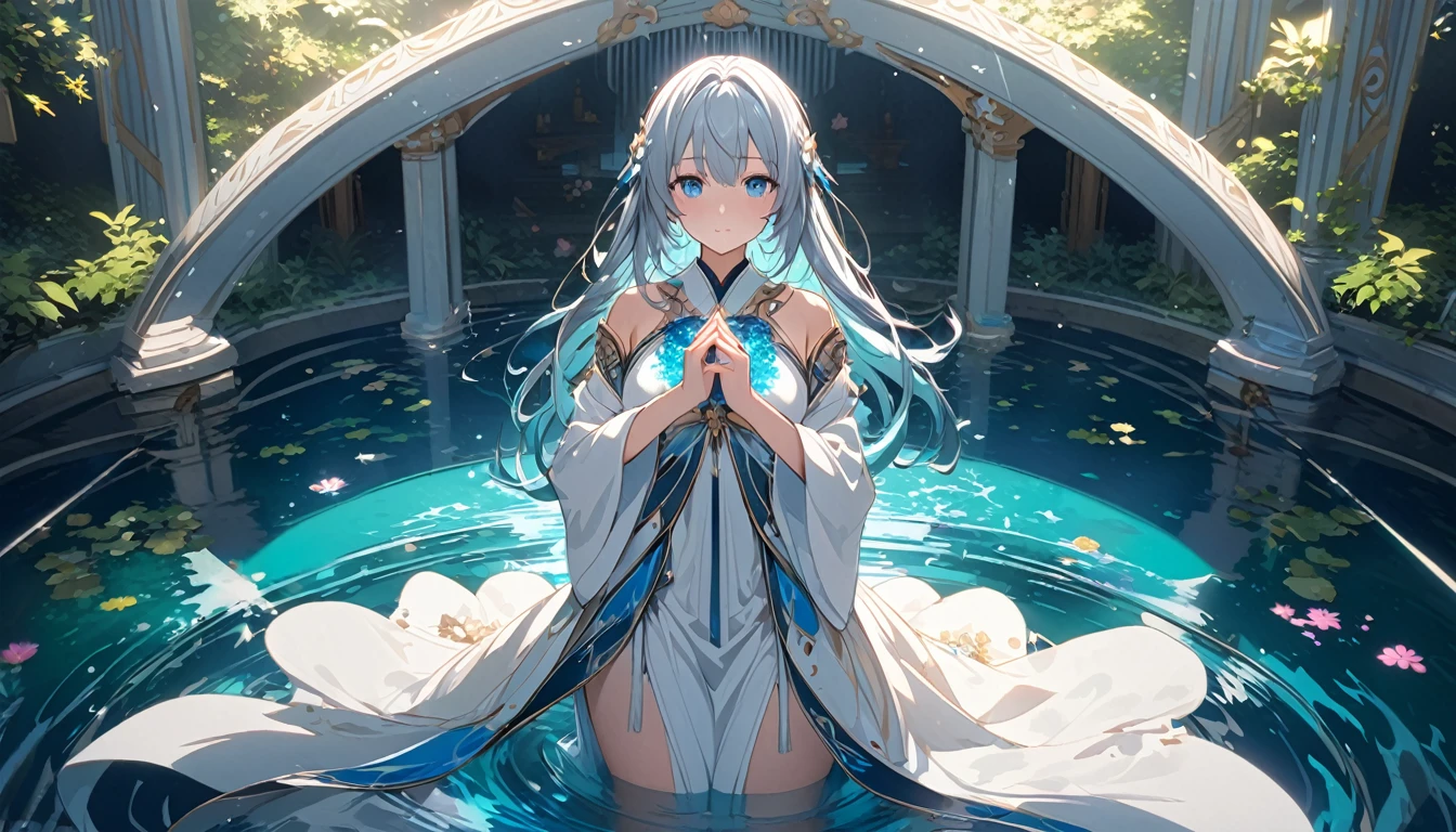 **229. One person。A water sanctuary floating in the light。sacred+Cool feeling。Cowboy shot or close-up。
masterpiece, best quality, ultra detailed (Detailed fingers), (Emotional), (Breathtakingly beautiful),
(main part: 1.2 Whole body。), (Anime Style), (Very detailed), (Cool feeling),
(超High resolution, High resolution), (8k), (High resolution: 1.2), (Complex and beautiful: 1.2)**
- background: A sanctuary surrounded by a pond of pure water、The light reflects off the water surface。
- character: Wearing a white robe、sacredな雰囲気を漂わせる聖女。
-pose: In the center of the sanctuary, open your arms、Receiving the light。
-expression: A calm and compassionate look、Eyes wrapped in light。
- Effects: The light reflected on the water gently surrounds her.。
-color: White and blue、透明な水の色がCool feelingを表現する色調。