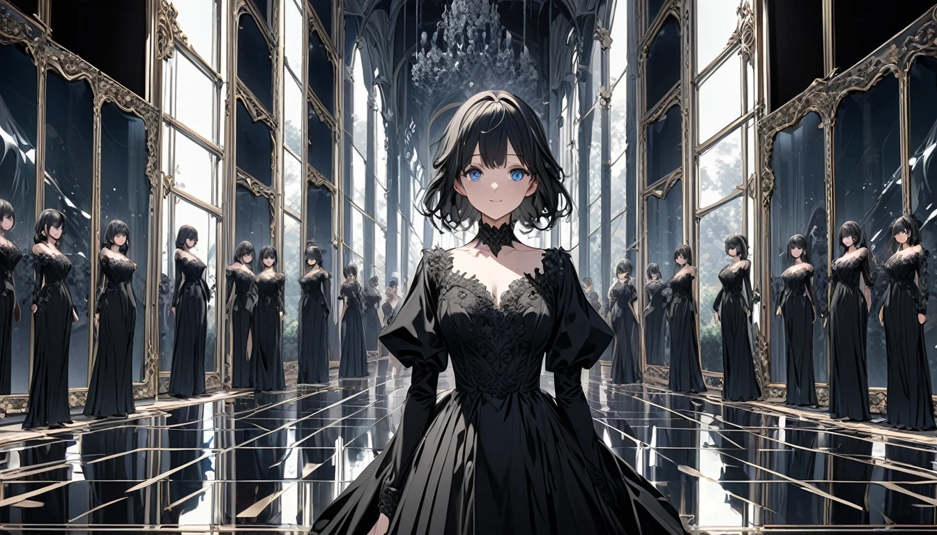 **230. One person。An infinite hall of mirrors。mysterious+Illusion。Cowboy shot or close-up。
masterpiece, best quality, ultra detailed (Detailed fingers), (Emotional), (Breathtakingly beautiful),
(main part: 1.2 Whole body。), (Anime Style), (Very detailed), (Illusion),
(超High resolution, High resolution), (8k), (High resolution: 1.2), (Complex and beautiful: 1.2)**
- background: A corridor made of infinite mirrors、A landscape that reflects endlessly。
- character: Mysterious woman in black dress walking through mirror。
-pose: In the center of the corridor、Facing yourself in the mirror。
-expression: A mysterious and elusive smile、My eyes search for myself in the mirror。
- Effects: Light and shadow are reflected in the mirror in a complex way.、Illusionを引き起こす。
-color: Monotone colors、The light and shadow created by the reflection of the mirror are impressive.。