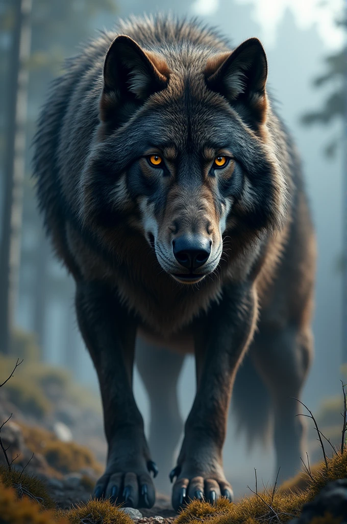 Big wolf with black eyes and dark fur realistic image 