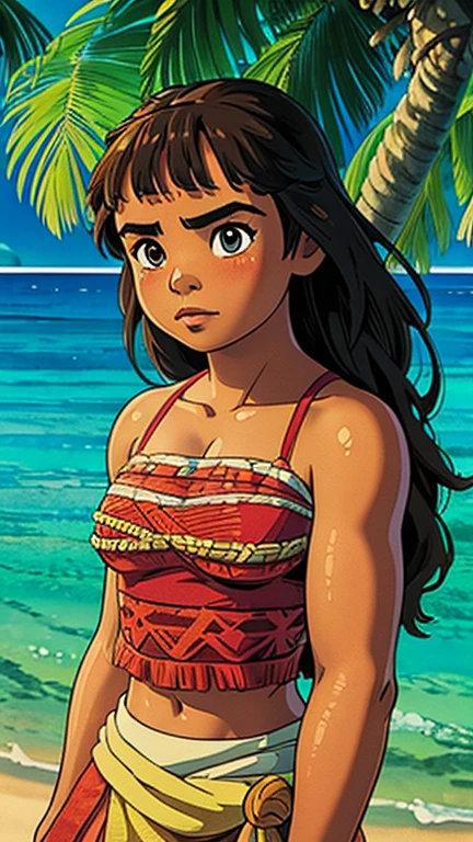 (a girl as moana), (extremely detailed CG unit 8k wallpaper),(master part), (best quality), (ultra detail), (best illustration),(ghibli style), cowboy shot,(Sharp eyeliner, ombre, detailed eyes:1), tropical island, outdoors, GHIBLI_Background,break,upper body, 