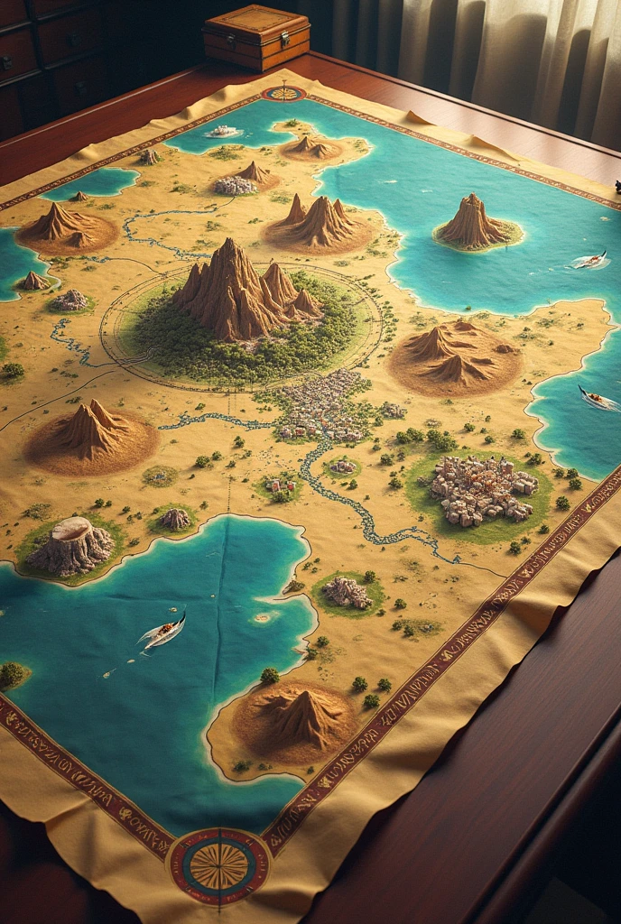 On a table A super large map illustrated with landscapes like deserts, mountains, Mar, a town and city 