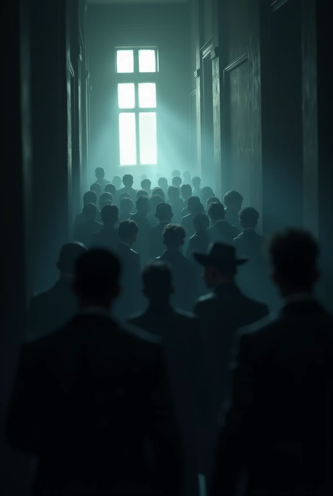 Blurry, dark atmosphere, many silhouettes, crowded, inside, indistinguishable windows, far light