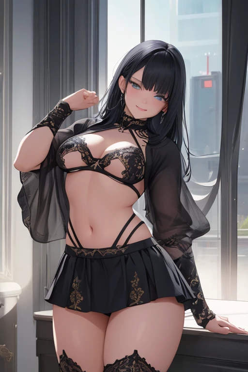 A beautiful evil lady leader ,black hair, wearing a short skirt, Blue eyes, gazing condescendingly at the viewer with a cute grinning expression, extremely detailed ,masterpiece quality, ultra-detailed, HDR, vivid colors, physically-based rendering, thick muscular thighs, beautiful muscular thighs, attractive buttocks, very strong wrestler, High resolution, masterpiece, accurate, Anatomically correct, Winner of numerous awards, 最High quality, detail, High detail, High quality, quality, retina, Very detailed, Textured skin, Ultra high definition,