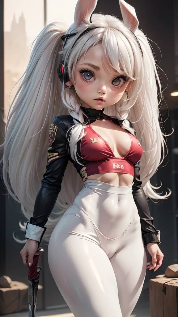 single,1woman\((chibi:1.8),cute,kawaii,**********,(white hair:1.7),(very long hair:1.7),bumps,(ear\(fluffy white Rabbit-ear\):1.3), (only 1 small rabbit tail on the hip:1.2),(red eye),big eye,beautiful bright eye,white skin color,big hair bow,(suit\(combat suit,(very tight :1.5 ),(show body line:1.2),weapons\)), BREAK ,Background\(rubble city,(close woman), BREAK ,quality\(8K,extremely detailed CG unit wallpaper, artwork master,high resolution,top-quality,top-quality real skin texture,hyperrealistic,increase resolution,RAW photos,best quality,highly detailed,wallpaper,golden ratio\)