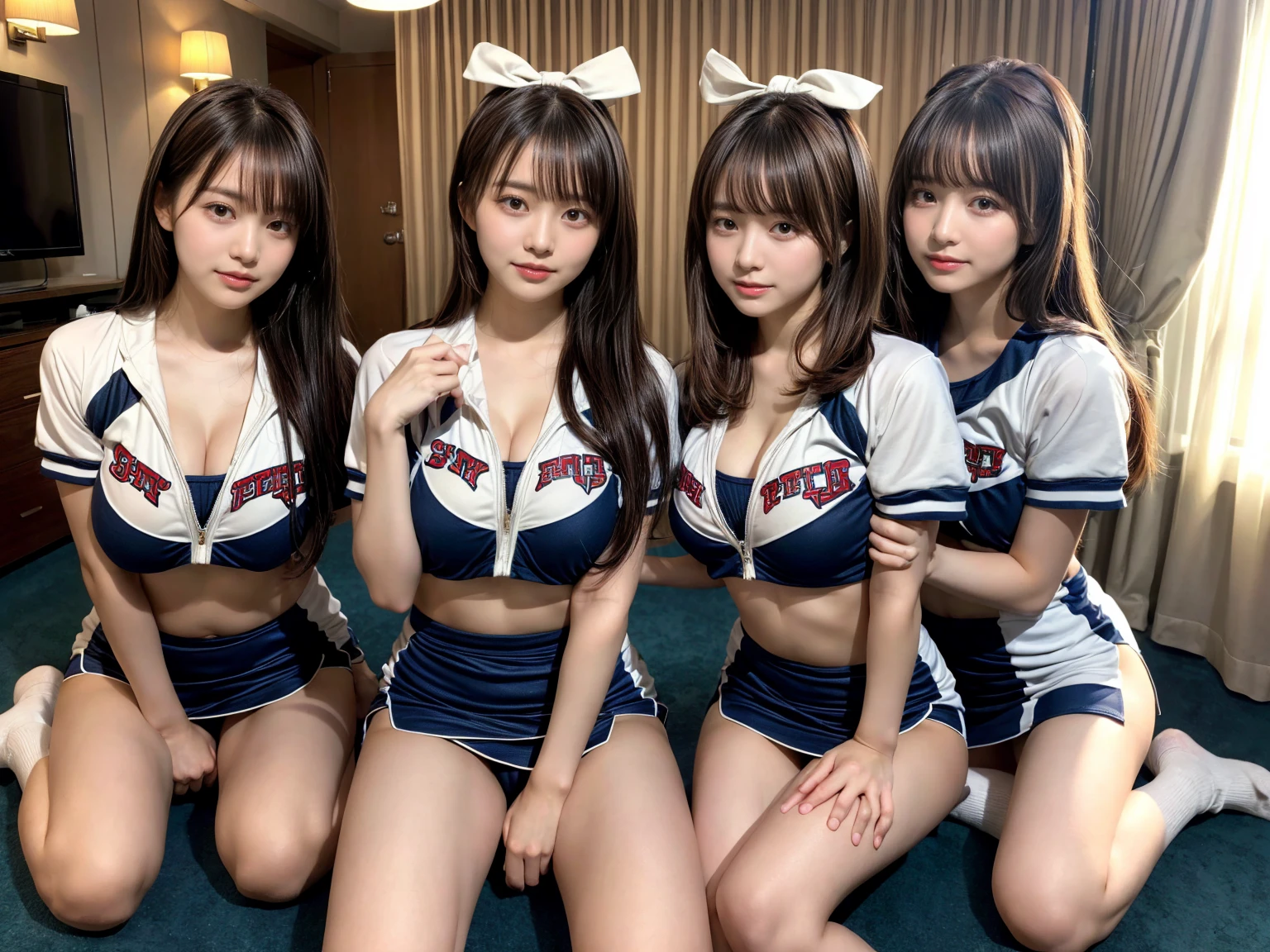 masterpiece, best quality, illustration, Super detailed, fine details, High resolution, 8K,wall paper, perfect dynamic composition,(Details High quality, realistic depiction of eyes:1.3), (3 girls), (cheer girl:1.5),(a miniskirt), sitting, open legs, short bob hair, in a hotel room in the background, deep on field, large breasts, black hair color, Big Natural Color Lip, (perfect body shape), crying a little、Harajuku style、20 year old girl、cute type、beautiful legs, Gravure Idol
