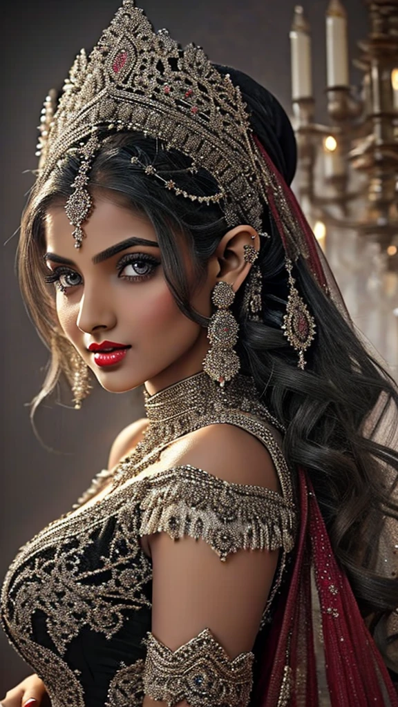 Black and white art style , Extremely detailed, women, elven, pakistani woman, beautiful body, wearing traditional anarkali , well dressed fully covered body, covered breast ( no cleavage),beautiful enormous size breast, beautiful face, small nose, sexy red eyes, sexy look, red lips, sexy smile, covering hair, black and white art