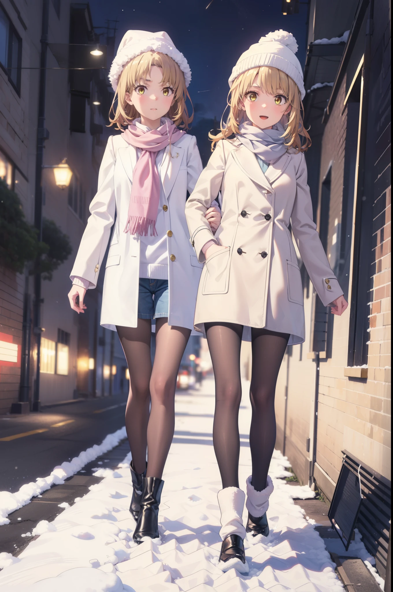 Irohaisshiki, isshiki iroha, Long Hair, Brown Hair, (Brown eyes:1.5), smile,Open your mouth,White Breath,low twin tail,Knitted hat,White scarf,Yellow long coat Open front,Pink v-neck sweater,Short denim,Black pantyhose,short boots,Walking,snowが降っている,snowが積もっている,moon,night,snow,snow,snow,snow,whole bodyがイラストに入るように, break outdoors, Building district,
break looking at viewer,whole body,
break (masterpiece:1.2), Highest quality, High resolution, unity 8k wallpaper, (figure:0.8), (Beautiful attention to detail:1.6), Highly detailed face, Perfect lighting, Highly detailed CG, (Perfect hands, Perfect Anatomy),