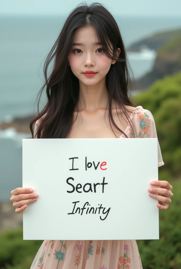 Beautiful girl with wavy long hair, bohemian dress, holding a white board with text "I Love Seaart Infinity" and showing it to the viewer 痩せてる Live-action Japanese