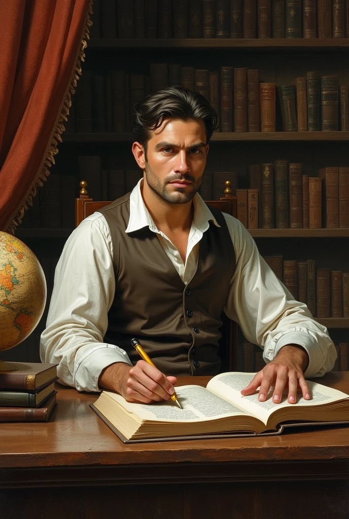 The beauty, strength and masculine power in images over time artistic style (illustration)
Title: The Enlightened Philosopher Environment: library, surrounded by books and a globe.
pose: sitting at a desk, Writing, showing a delicate hand.
action: Reading a book or doing calculations.
Expression: concentrated, intelligent, with a penetrating gaze.
Physical Characteristics: Rostro intelligent, slicked back hair, slim and elegant body.