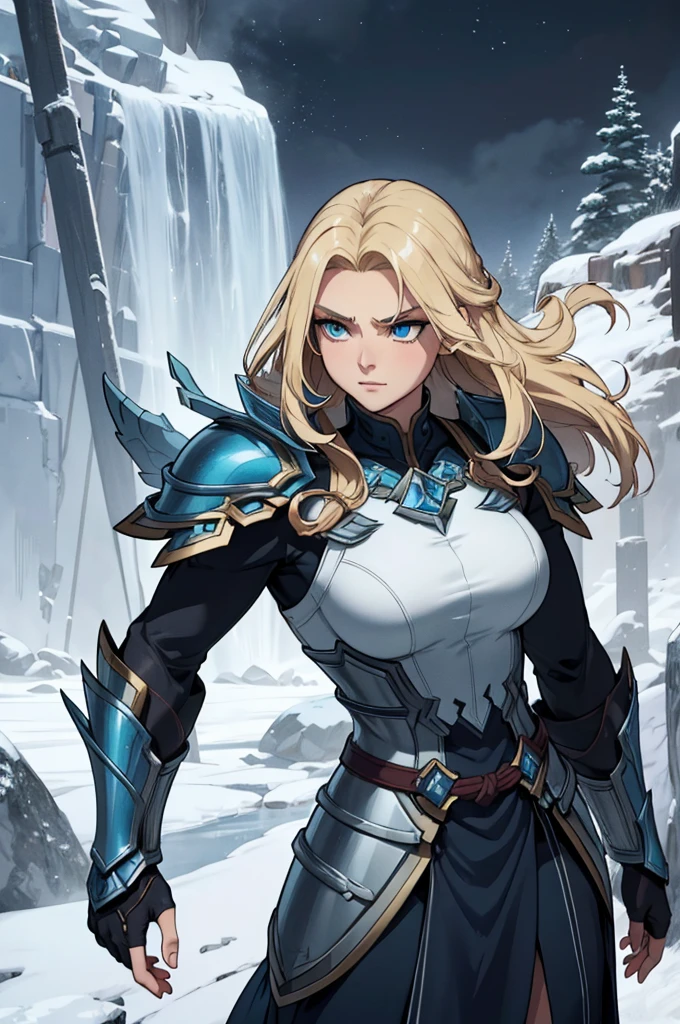 A young warrior of about 18 years old, imposing and elegant, mixes the strength of Thor with the ethereal grace of Sode no Shirayuki. Her hair, who was once blond, Now it's long, smooth and white as freshly fallen snow, Gently glowing with sparkles of frost. His athletic and muscular build remains, but her skin has a pale tone, almost translucent, as if imbued with the cold of winter.
He wears stylized Asgardian armor with icy details., The edges of his armor and gauntlets appear to be coated in ice., reflecting light in blue and silver tones. His expression is serene and determined, with icy blue eyes that seem to contain the calm of an eternal winter.
Instead of the hammer, Shirayuki from Sode, A katana that emits a cold white mist, with a snowflake-shaped guard. Around her, the air is charged with an intense cold, and snowflakes fall gently around her, creating a dramatic contrast with the cloudy sky and lightning that still marks its connection to thunder. The ground beneath your feet is frozen, and its presence emanates an aura of dignity and winter power, fusing the ferocity of Thor with the lethal grace of Sode no Shirayuki.