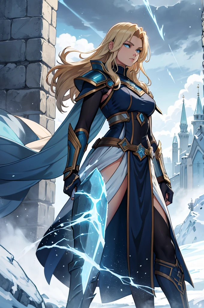 A young warrior of about 18 years old, imposing and elegant, mixes the strength of Thor with the ethereal grace of Sode no Shirayuki. Her hair, who was once blond, Now it&#39;s long, smooth and white as freshly fallen snow, Gently glowing with sparkles of frost. His athletic and muscular build remains, but her skin has a pale tone, almost translucent, as if imbued with the cold of winter.

He wears stylized Asgardian armor with icy details., The edges of his armor and gauntlets appear to be coated in ice., reflecting light in blue and silver tones. His expression is serene and determined, with icy blue eyes that seem to contain the calm of an eternal winter.

Instead of the hammer, Shirayuki from Sode, A katana that emits a cold white mist, with a snowflake-shaped guard. Around her, the air is charged with an intense cold, and snowflakes fall gently around her, creating a dramatic contrast with the cloudy sky and lightning that still marks its connection to thunder. The ground beneath your feet is frozen, and its presence emanates an aura of dignity and winter power, fusing the ferocity of Thor with the lethal grace of Sode no Shirayuki.