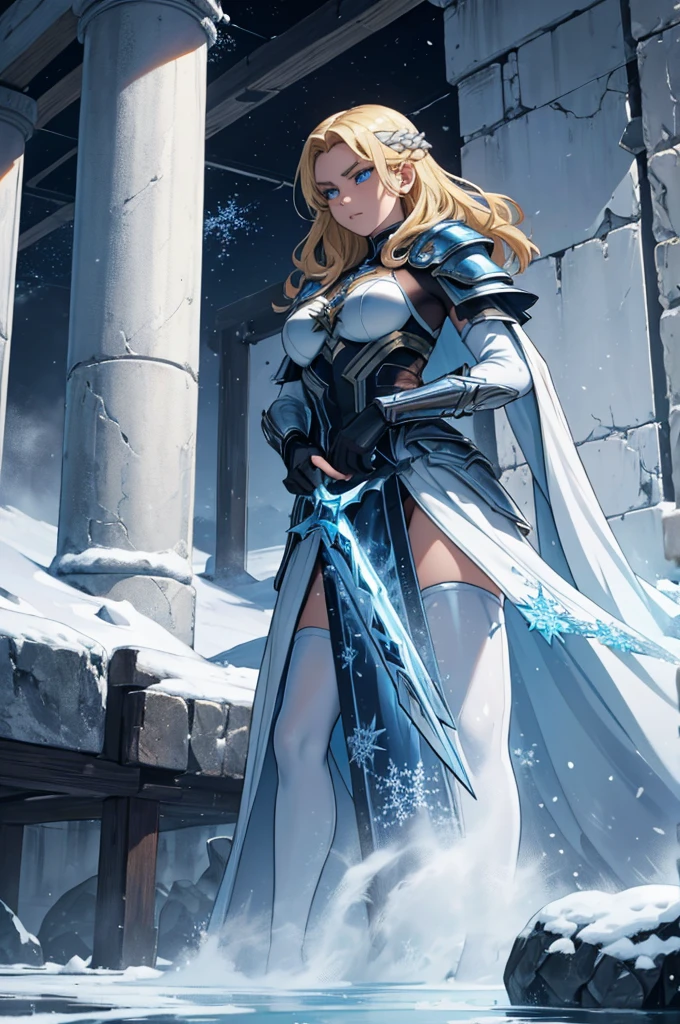 A young warrior of about 18 years old, imposing and elegant, mixes the strength of Thor with the ethereal grace of Sode no Shirayuki. Her hair, who was once blond, Now it&#39;s long, smooth and white as freshly fallen snow, Gently glowing with sparkles of frost. His athletic and muscular build remains, but her skin has a pale tone, almost translucent, as if imbued with the cold of winter.

He wears stylized Asgardian armor with icy details., The edges of his armor and gauntlets appear to be coated in ice., reflecting light in blue and silver tones. His expression is serene and determined, with icy blue eyes that seem to contain the calm of an eternal winter.

Instead of the hammer, Shirayuki from Sode, A katana that emits a cold white mist, with a snowflake-shaped guard. Around her, the air is charged with an intense cold, and snowflakes fall gently around her, creating a dramatic contrast with the cloudy sky and lightning that still marks its connection to thunder. The ground beneath your feet is frozen, and its presence emanates an aura of dignity and winter power, fusing the ferocity of Thor with the lethal grace of Sode no Shirayuki.