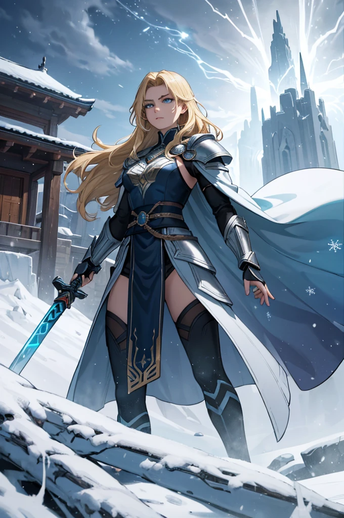 A young warrior of about 18 years old, imposing and elegant, mixes the strength of Thor with the ethereal grace of Sode no Shirayuki. Her hair, who was once blond, Now it&#39;s long, smooth and white as freshly fallen snow, Gently glowing with sparkles of frost. His athletic and muscular build remains, but her skin has a pale tone, almost translucent, as if imbued with the cold of winter.

He wears stylized Asgardian armor with icy details., The edges of his armor and gauntlets appear to be coated in ice., reflecting light in blue and silver tones. His expression is serene and determined, with icy blue eyes that seem to contain the calm of an eternal winter.

Instead of the hammer, Shirayuki from Sode, A katana that emits a cold white mist, with a snowflake-shaped guard. Around her, the air is charged with an intense cold, and snowflakes fall gently around her, creating a dramatic contrast with the cloudy sky and lightning that still marks its connection to thunder. The ground beneath your feet is frozen, and its presence emanates an aura of dignity and winter power, fusing the ferocity of Thor with the lethal grace of Sode no Shirayuki.
