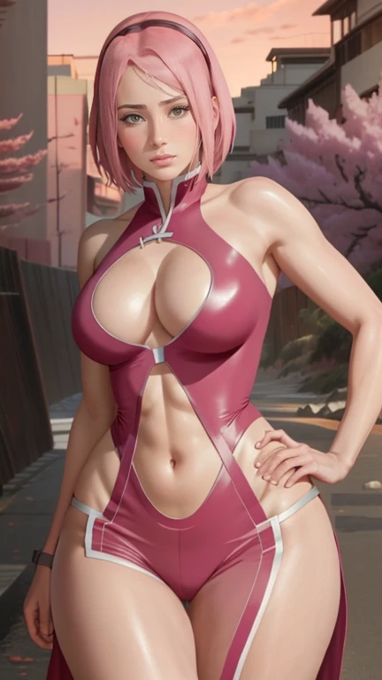 sakura haruno, very big chest, (((very wide hips))), toned body, detailedeyes, dynamic pose, whole body, naked