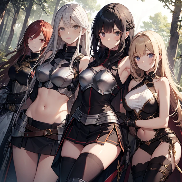 A group of  female knight, (in forest), various hair styles, harem, wearing armored clothes, metal armor, night, details face, , short skirt, seducing, sword, showing armpits, sleeveless, midriff 
