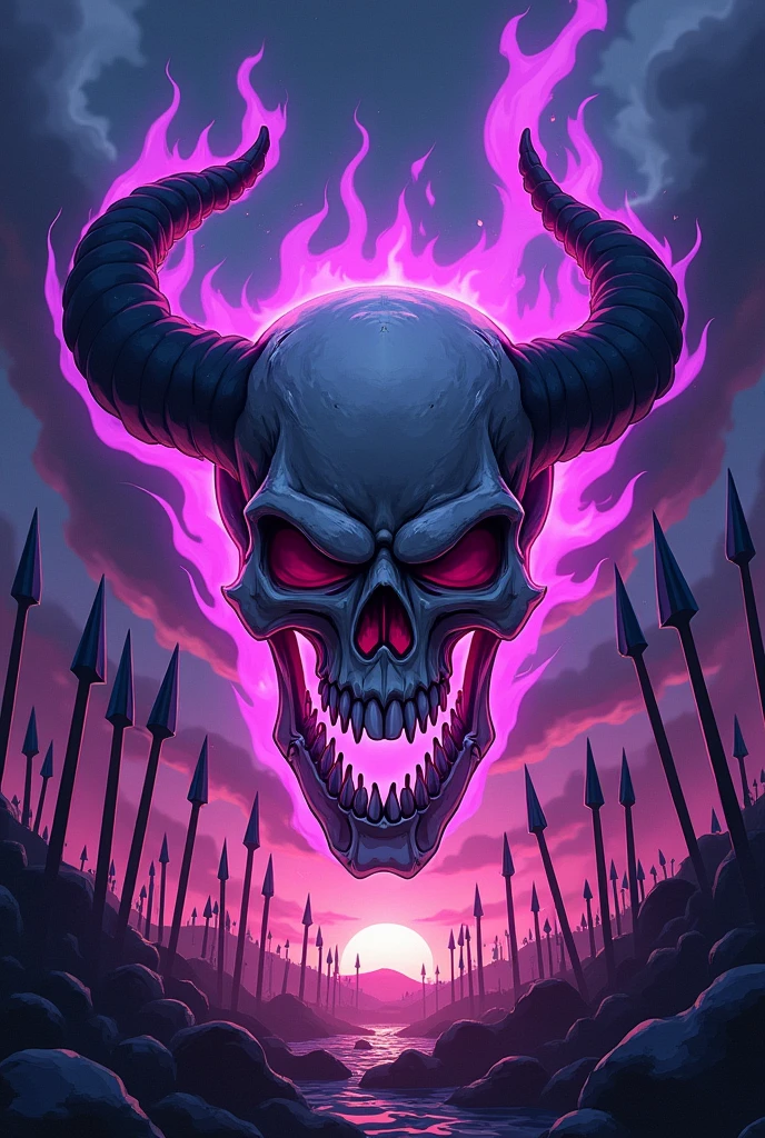 Pirate skull logo with horns and spears behind anime style with purple and black fire