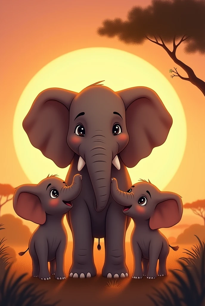 "Create a heartwarming illustration of two baby elephants Trombinha and Pipoca standing beside happy father elephant Osot Sog, looking up at him with love and admiration. The sun is almost set, with the last golden rays illuminating the scene. The African savanna is calm and peaceful, and the three elephants are together, sharing a moment of love and unity. The style should be warm and comforting, perfect for concluding a children's story with a strong sense of family and connection. make a realist art