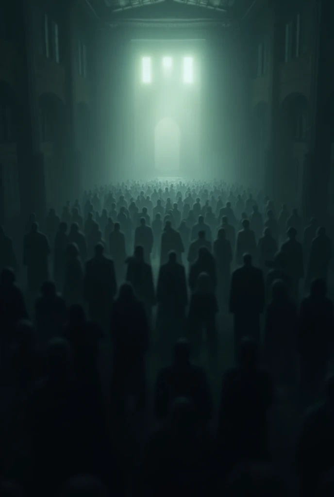 Blurry, dark atmosphere, many silhouettes, crowded, inside, indistinguishable windows, far light, hall
