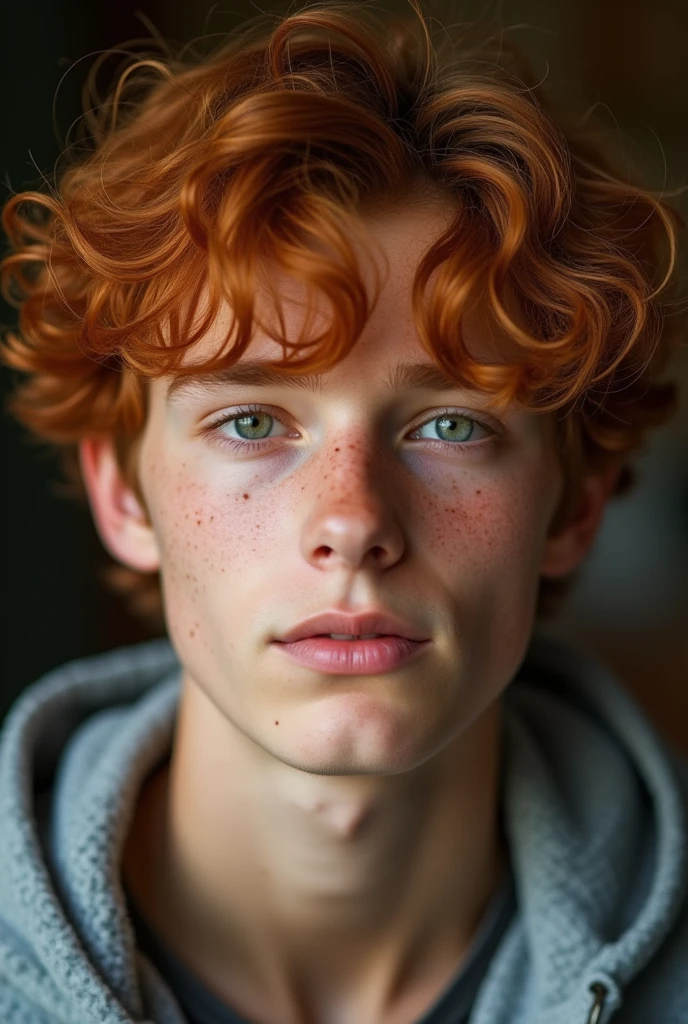 Handsome man at . It's a man. soft and delicate facial features, voluminous, coppery hair, freckles