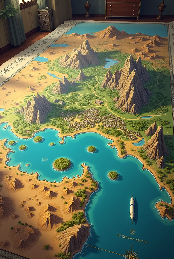 On a table A super large map illustrated with landscapes like deserts, mountains, Mar, a town and city and forests