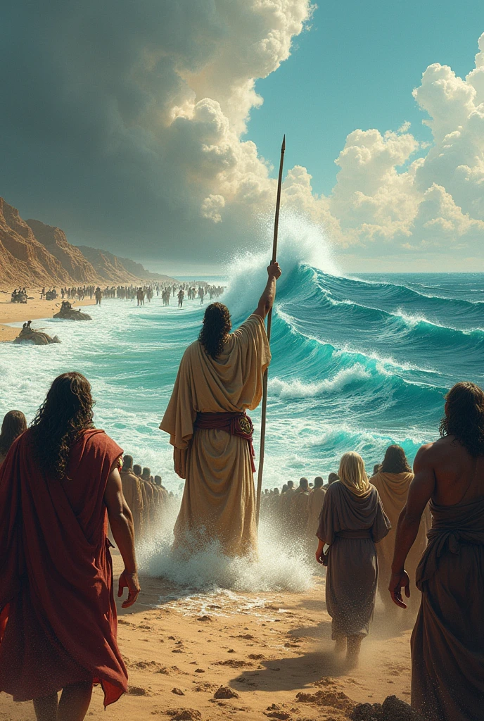 create a drawing Moses opening the sea
