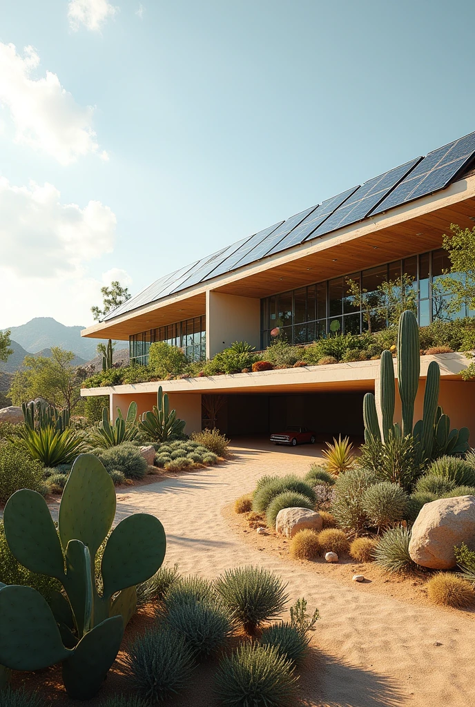 A technological horizontal building, that it is for the study of ecological architecture, with a facade of solar panels and orchards, underground parking access with a warm and slightly arid atmosphere, where nopales and cacti grow
