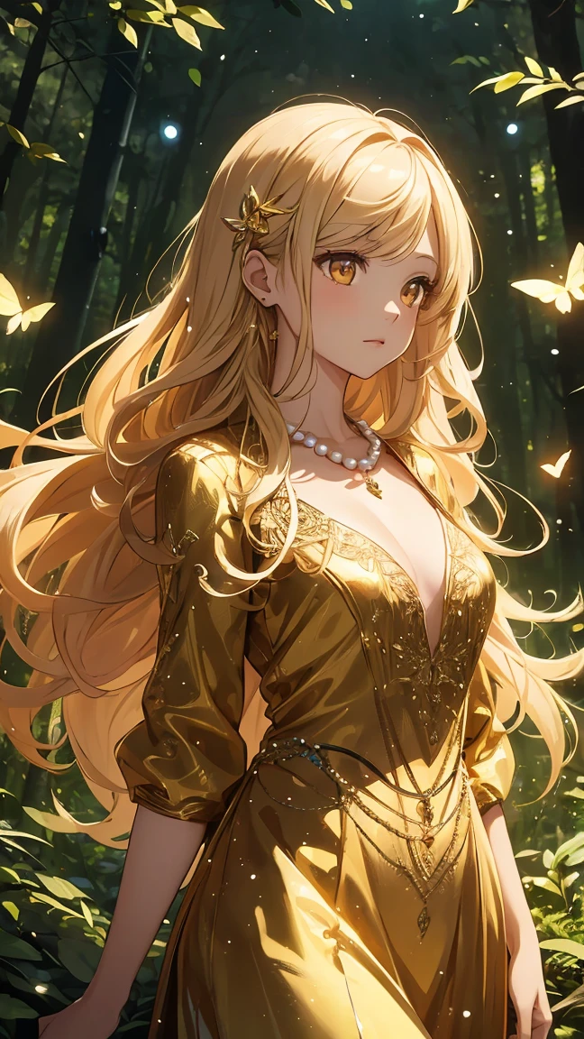 Girl1,bright golden eyes,long golden hair,hair clip,gold crystal embellished dress,forest,walking,night,bright glowing butterflies,pearl necklace,best quality,high detail,very detailed,high quality background