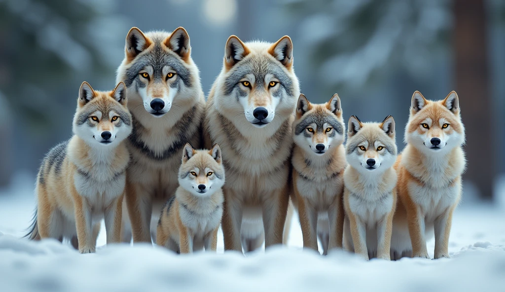 Create a hyper-realistic, photorealistic image of a stunning savage wolfs family. The family includes a majestic father wolf, a graceful mother wolf, and five wolf pups of various ages. Each wolf displays unique colors and fur patterns, showcasing a rich diversity of hues and textures. They are all calmly gazing at the viewer, embodying a sense of tranquility and strength. The background features a softly blurred snowy forest, adding depth and a serene atmosphere. The wolves' fur is remarkably beautiful, capturing their natural elegance and power.
