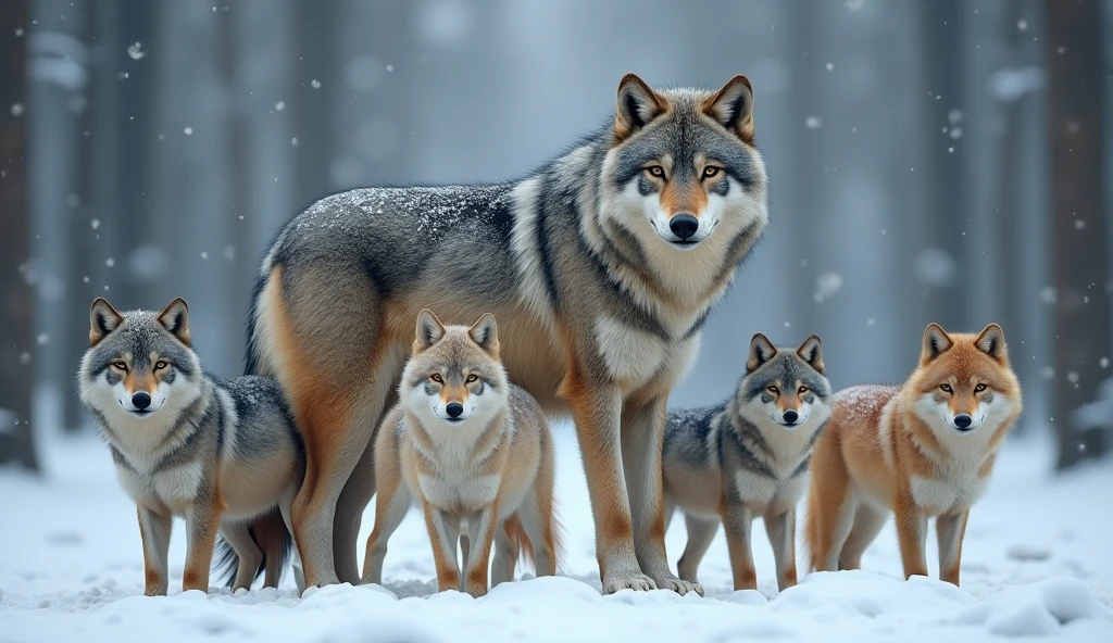Create a hyper-realistic, photorealistic image of a stunning savage wolfs family. The family includes a majestic father wolf, a graceful mother wolf, and five wolf pups of various ages. Each wolf displays unique colors and fur patterns, showcasing a rich diversity of hues and textures. They are all calmly gazing at the viewer, embodying a sense of tranquility and strength. The background features a softly blurred snowy forest, adding depth and a serene atmosphere. The wolves' fur is remarkably beautiful, capturing their natural elegance and power.
