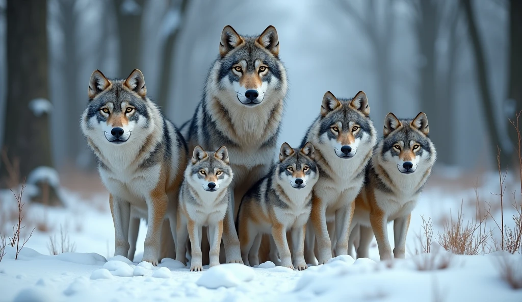Create a hyper-realistic, photorealistic image of a stunning savage wolfs family. The family includes a majestic father wolf, a graceful mother wolf, and five wolf pups of various ages. Each wolf displays unique colors and fur patterns, showcasing a rich diversity of hues and textures. They are all calmly gazing at the viewer, embodying a sense of tranquility and strength. The background features a softly blurred snowy forest, adding depth and a serene atmosphere. The wolves' fur is remarkably beautiful, capturing their natural elegance and power.