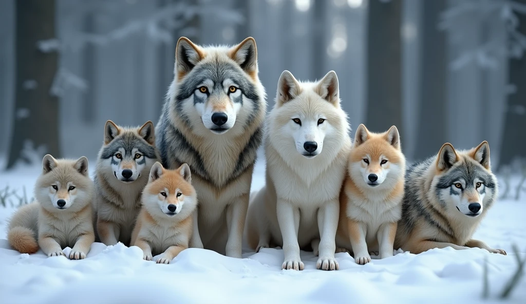 Create a hyper-realistic, photorealistic image of a stunning savage wolfs family. The family includes a majestic father wolf, a graceful mother wolf, and five wolf pups of various ages. Each wolf displays unique colors and fur patterns, showcasing a rich diversity of hues and textures. They are all calmly gazing at the viewer, embodying a sense of tranquility and strength. The background features a softly blurred snowy forest, adding depth and a serene atmosphere. The wolves' fur is remarkably beautiful, capturing their natural elegance and power.