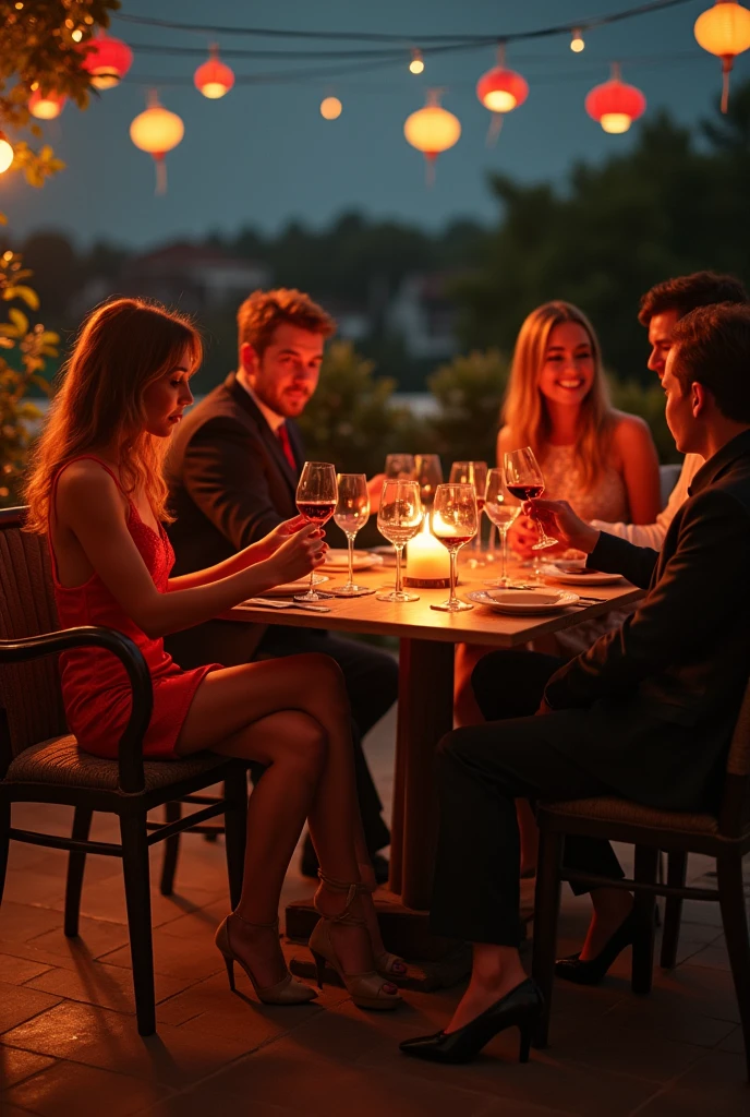 80s style，A group of fashionable people，Chinese，Parties，In the villa garden，On the rooftop，Night，evening，reunion，Reception，wine，Wine Tasting，Suit，High heel（Rich details），（Best quality），Film Style