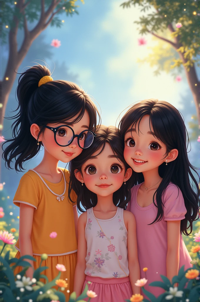 3 girls, one with glasses and black hair tied in a ponytail, the other with long loose black hair but with a mole near the lip, a girl with loose brown hair, somewhat Chinese, disney version