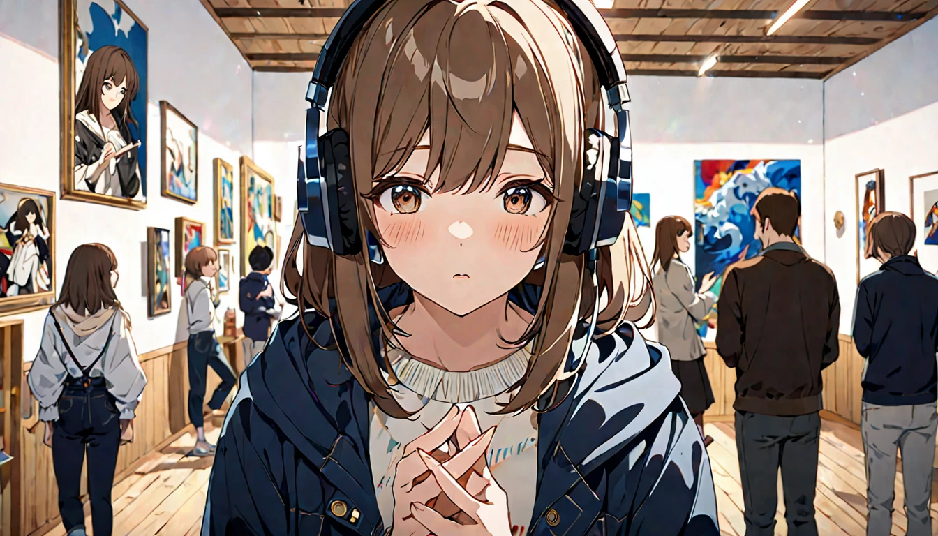 A 20-year-old girl with brown hair and headphones、Scene of people appreciating artworks in an art gallery。 background:Modern art gallery interior。 expression:感動しながらも落ち着いたexpression。 Costume:Simple and stylish casual style。 Pause:Stop、Staring intently at a painting。 scene:Surrounded by artworks、A calming time for creativity。 (Detailed fingers), (Emotional), (Breathtakingly beautiful), (whole body), (Anime Style), (Very detailed), (超High resolution, High resolution), (8k), (Complex and beautiful: 1.2)。
