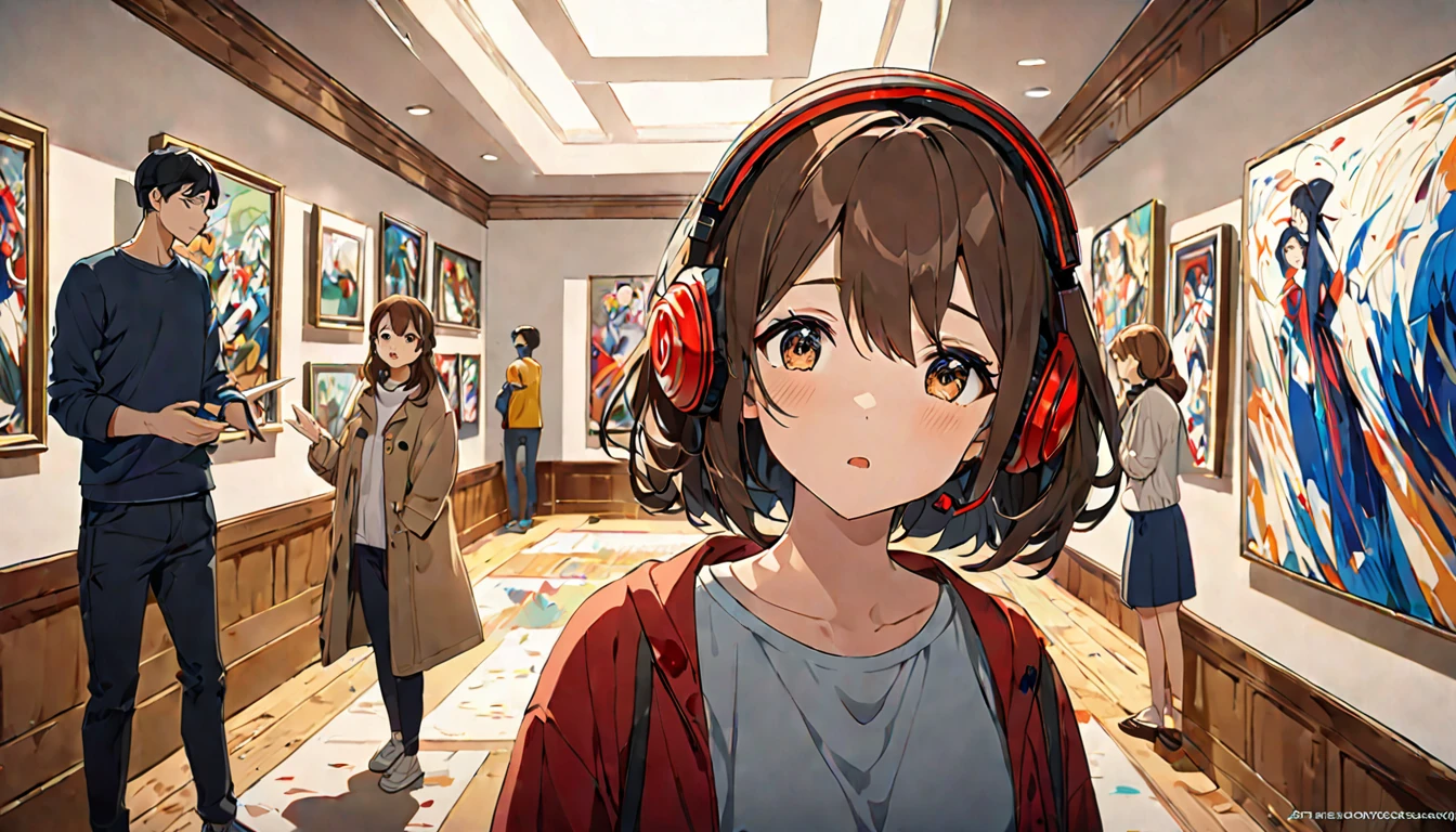 A 20-year-old girl with brown hair and headphones、Scene of people appreciating artworks in an art gallery。 background:Modern art gallery interior。 expression:感動しながらも落ち着いたexpression。 Costume:Simple and stylish casual style。 Pause:Stop、Staring intently at a painting。 scene:Surrounded by artworks、A calming time for creativity。 (Detailed fingers), (Emotional), (Breathtakingly beautiful), (whole body), (Anime Style), (Very detailed), (超High resolution, High resolution), (8k), (Complex and beautiful: 1.2)。