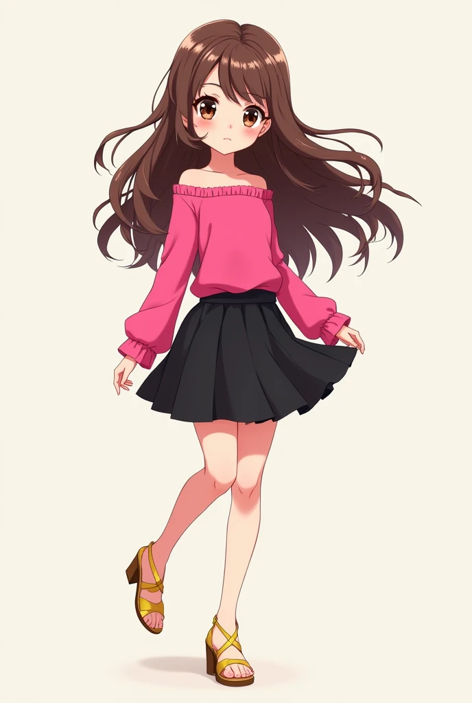 A female anime character who is around 9 years old, has long wavy hair, has brown eyes, wears a hot pink long-sleeved outfit, wears a black skirt and finally wears gold high-heeled sandals.