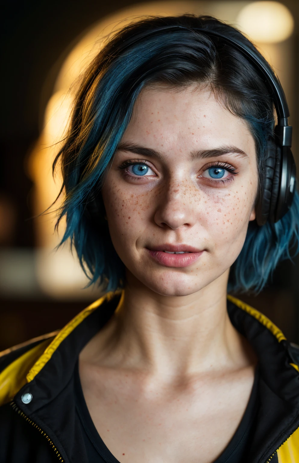 (close-up, editorial photograph of a 21 year old woman), (highly detailed face:1.4) (smile:0.7) (background inside dark, moody, private study:1.3) POV, by lee jeffries, nikon d850, film stock photograph ,4 kodak portra 400 ,camera f1.6 lens ,rich colors, hyper realistic ,lifelike texture, dramatic lighting , cinestill 800, wavy hair, messy hair, 80s hairstyle, short hair, Mischievous smirk, Blue hair, Blue eyes, freckles, white skin, cyberpunk 2077 jacket, black shirt, headphones, european woman, european skin, european expression, Athletic, muscle, masterpiece, Astral Plane