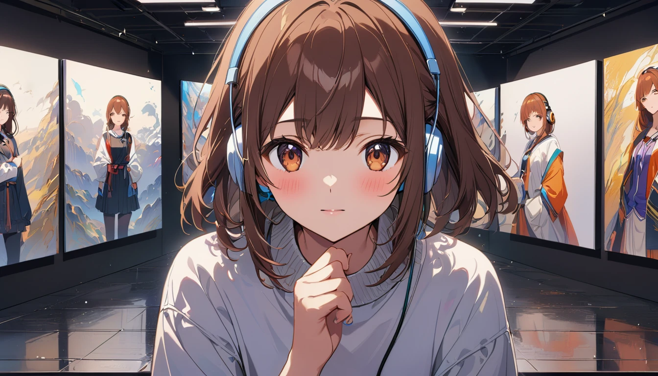 A 20-year-old girl with brown hair and headphones、Scene of people appreciating artworks in an art gallery。 background:Modern art gallery interior。 expression:感動しながらも落ち着いたexpression。 Costume:Simple and stylish casual style。 Pause:Stop、Staring intently at a painting。 scene:Surrounded by artworks、A calming time for creativity。 (Detailed fingers), (Emotional), (Breathtakingly beautiful), (whole body), (Anime Style), (Very detailed), (超High resolution, High resolution), (8k), (Complex and beautiful: 1.2)。