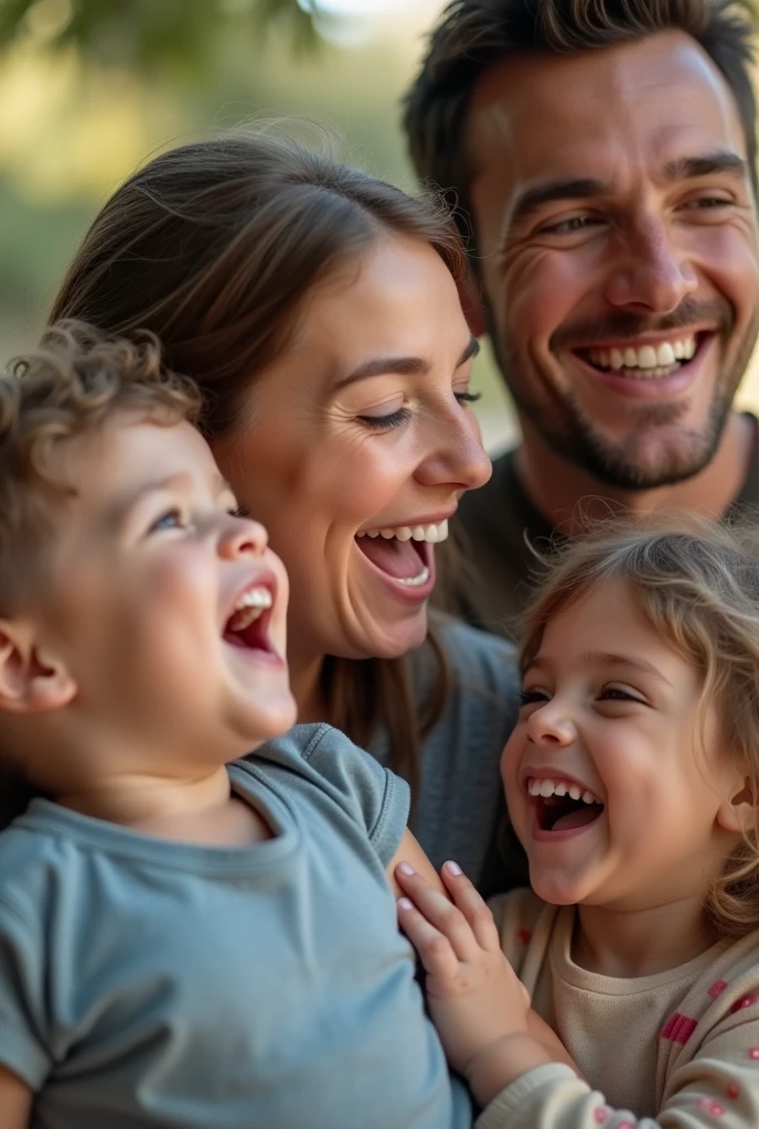 Capture a close-up of the couple with their three children laughing and playing together. Add a voiceover stating, "We've been blessed with three amazing children—two boys and a girl. They're our pride and joy.