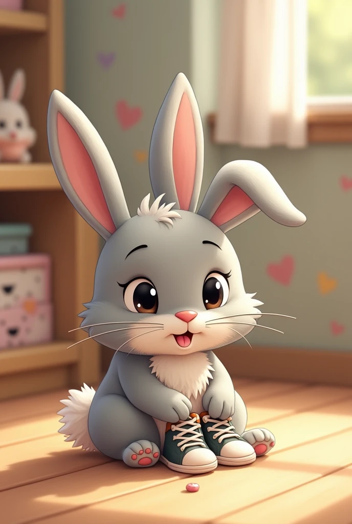 Bunny learning to tie his shoes