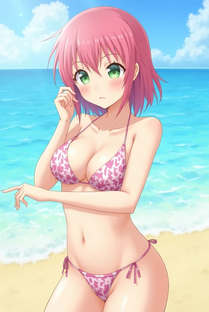 (masterpiece, best quality:1.2), 1girl, solo, standing split, picha_\(pose\),picha, pink hair, green eyes, bikini, on the beach