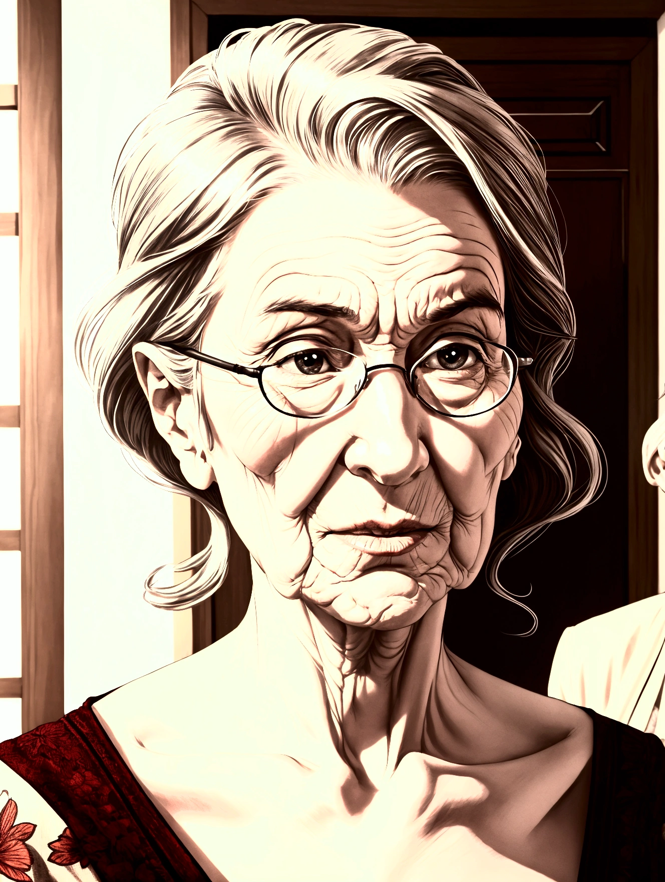 Grandma expression doubt talking to two people in the room