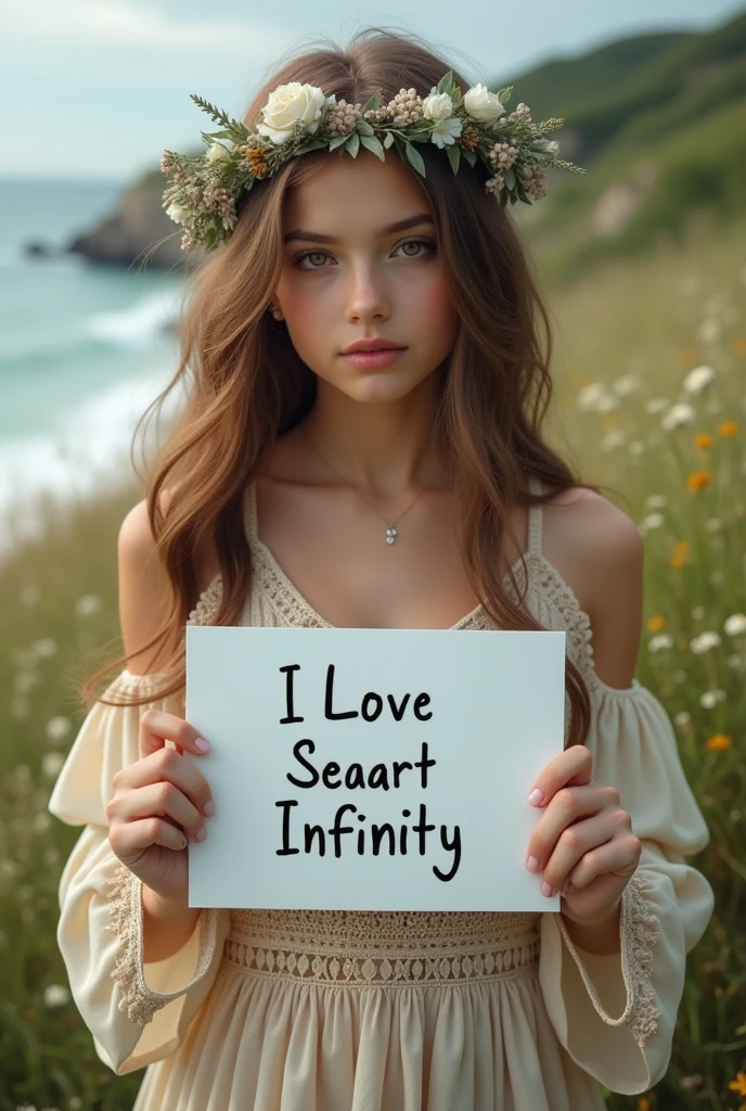 Beautiful girl with wavy long hair, bohemian dress, holding a white board with text "I Love Seaart Infinity" and showing it to the viewer